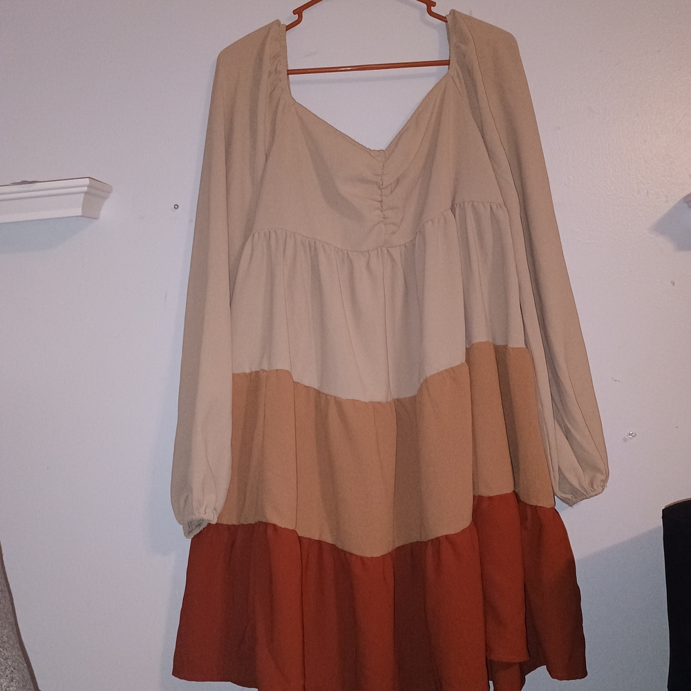 SHEIN Long Sleeve Tiered Dress - Cream, Tan, Brown